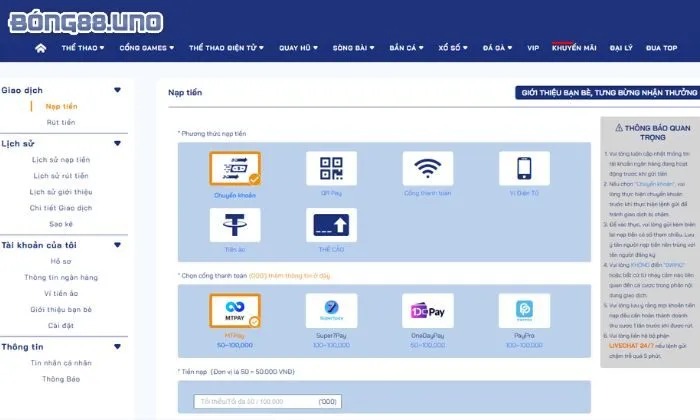 Phương thức nạp tiền linh hoạt