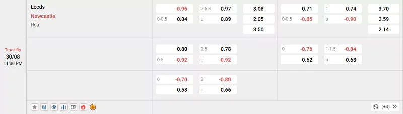 Tỷ lệ kèo trong trận đấu giữa Leeds vs Newcastle