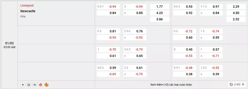 Tỷ lệ kèo trong trận đấu giữa Liverpool vs Newcastle
