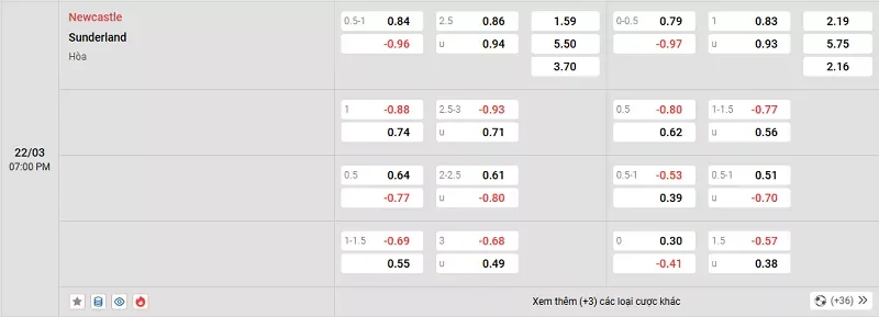 Tỷ lệ kèo trong trận đấu giữa Newcastle vs Sunderland